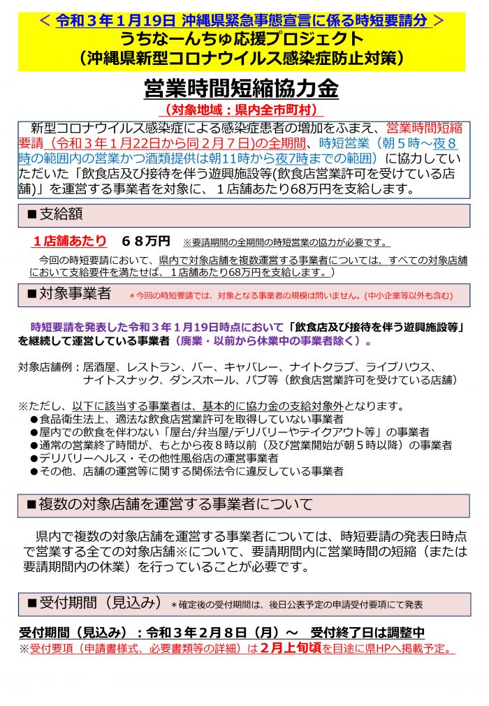 コロナ支援 うちなーんちゅ応援プロジェクト 営業時間短縮協力金 について 沖縄県 商工会 今帰仁村商工会
